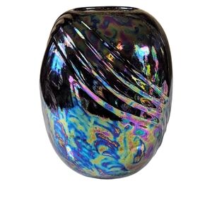 Vintage Country Craft Iridescent Black Ceramic Vase 1980s